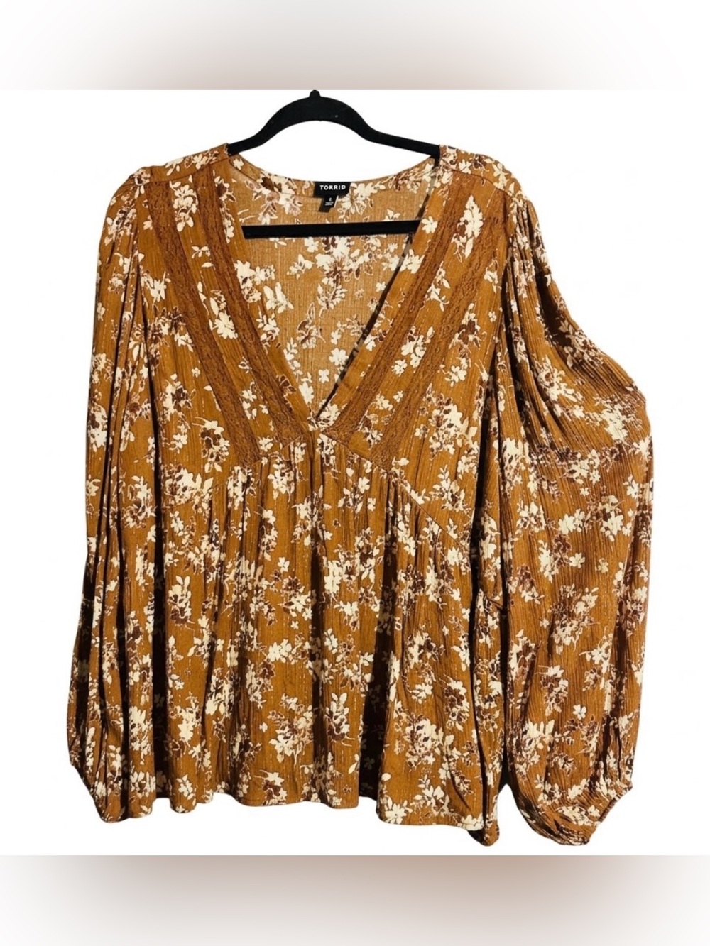 Torrid Vintage Slub Brown Floral VNeck Lace Trim Boho Peplum Blouse size 0/14-16